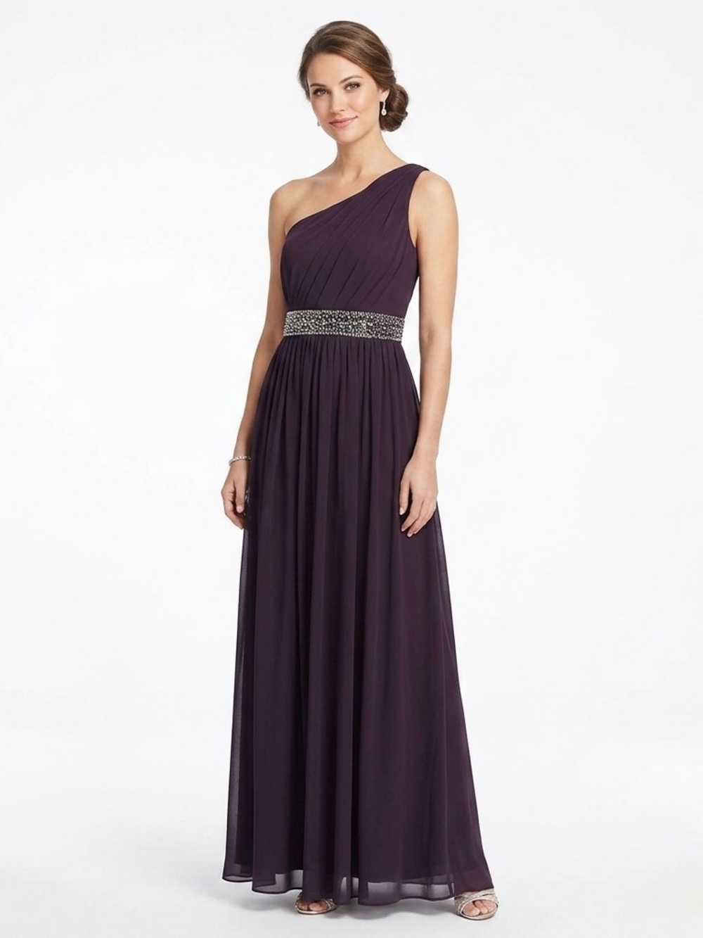 Bill Levkoff Eggplant One Shoulder Beaded Gown Sz 8